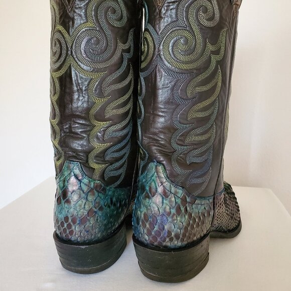 Tony Lama 8 1/2 painted blue green black western cowboy boots  python snake skin main image 13